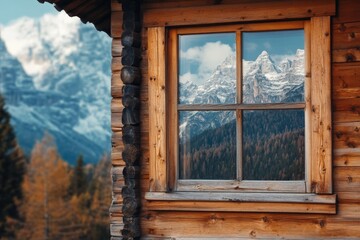 A cozy cabin with a wooden window frame offering a stunning view of snow-capped mountains, ideal for nature lovers seeking peaceful scenery and mountaintop tranquility.