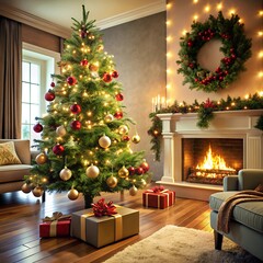 A modern Christmas living room with a beautifully decorated tree presents underneath, and a cozy fireplace in the background.