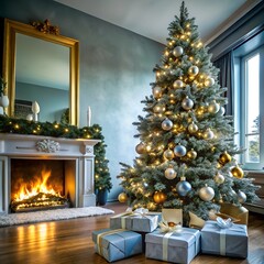 A modern Christmas living room with a beautifully decorated tree presents underneath, and a cozy fireplace in the background.