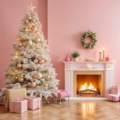 A modern Christmas living room with a beautifully decorated tree presents underneath, and a cozy fireplace in the background.
