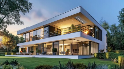 Modern Luxury Villa with Large Windows and a Green Lawn