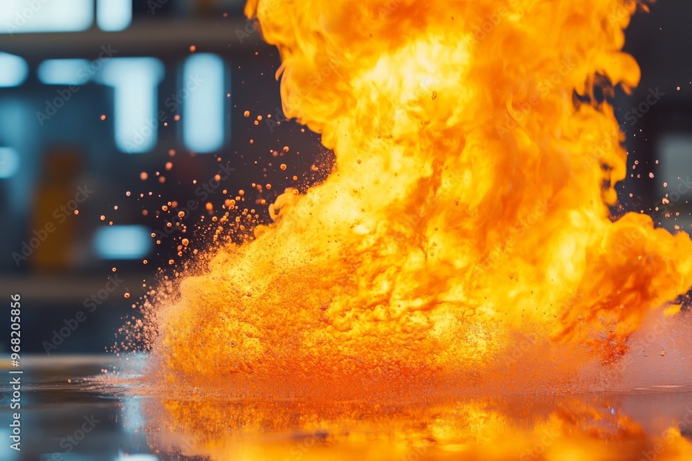 Poster an intense and fiery explosion on a table in a laboratory environment, with bright orange flames and