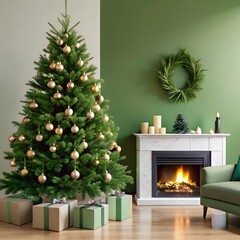 A modern Christmas living room with a beautifully decorated tree presents underneath, and a cozy fireplace in the background.