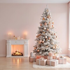 A modern Christmas living room with a beautifully decorated tree presents underneath, and a cozy fireplace in the background.