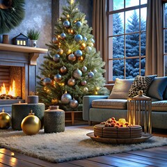 A modern Christmas living room with a beautifully decorated tree presents underneath, and a cozy fireplace in the background.