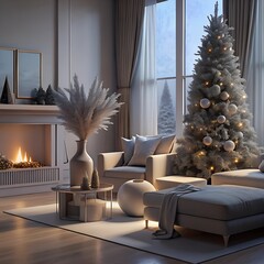 A modern Christmas living room with a beautifully decorated tree presents underneath, and a cozy fireplace in the background.
