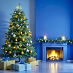 A modern Christmas living room with a beautifully decorated tree presents underneath, and a cozy fireplace in the background.