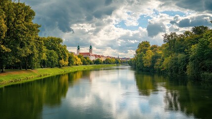 River Landscape with Cloudy Sky and Trees