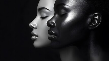 Black and white photograph of two women's faces. One is white with closed eyes, the other has dark skin color
