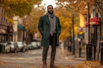 Fototapeta premium City Street Style: Man in Green Coat Surrounded by Vibrant Autumn Trees