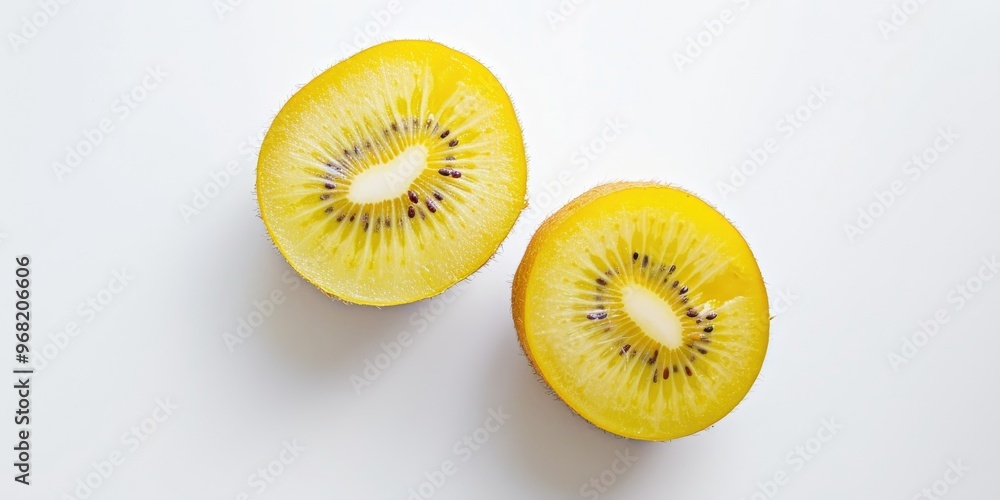 Poster Ripe yellow kiwi fruit cut in half on a white table Top view