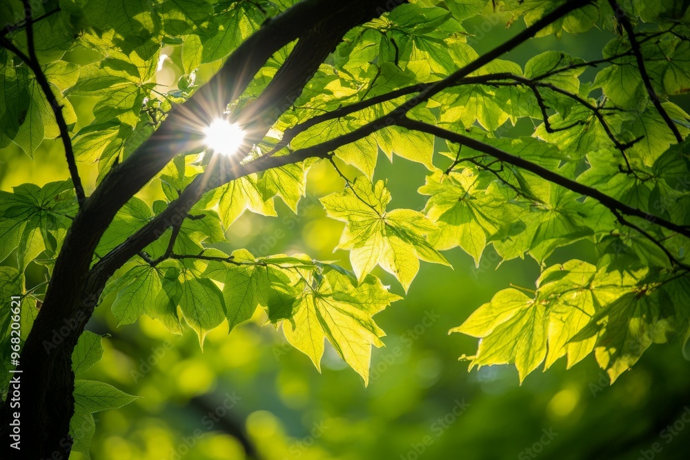 Poster a beautiful capture of sunlit tree leaves creating an enchanting forest ambiance, with sunlight filt