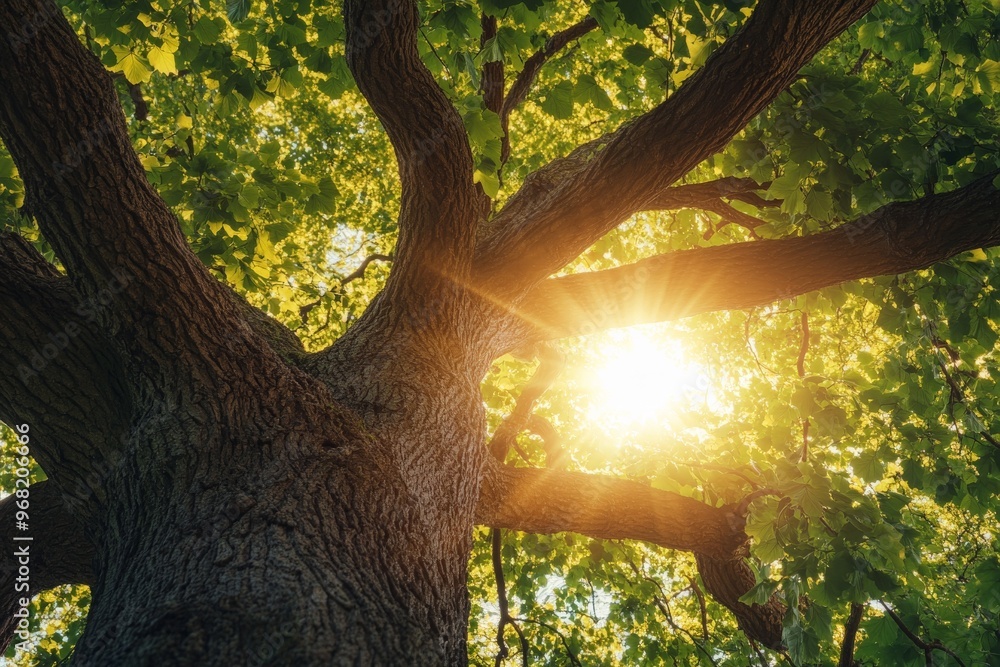 Aufkleber The image captures sunlight filtering through the green leaves and branches of a majestic tree on a bright day, symbolizing nature's beauty and tranquility.