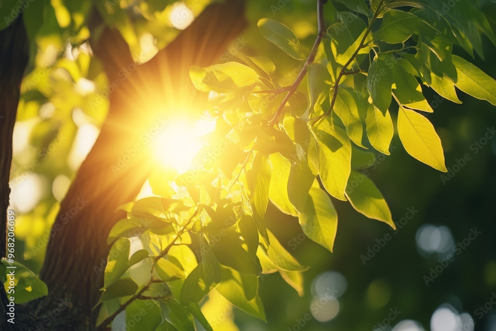 Aufkleber sunray piercing through lush green leaves on a tree, creating a captivating visual effect. the sunli