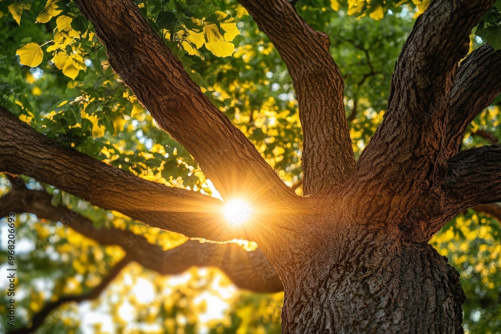 Poster This image showcases the radiant sun shining through the branches and leaves of a tree, creating a beautiful play of light and shadows, epitomizing natural splendor and serenity.