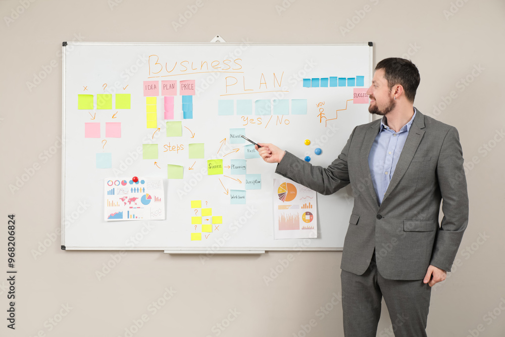 Sticker young man near whiteboard with business plan on light wall