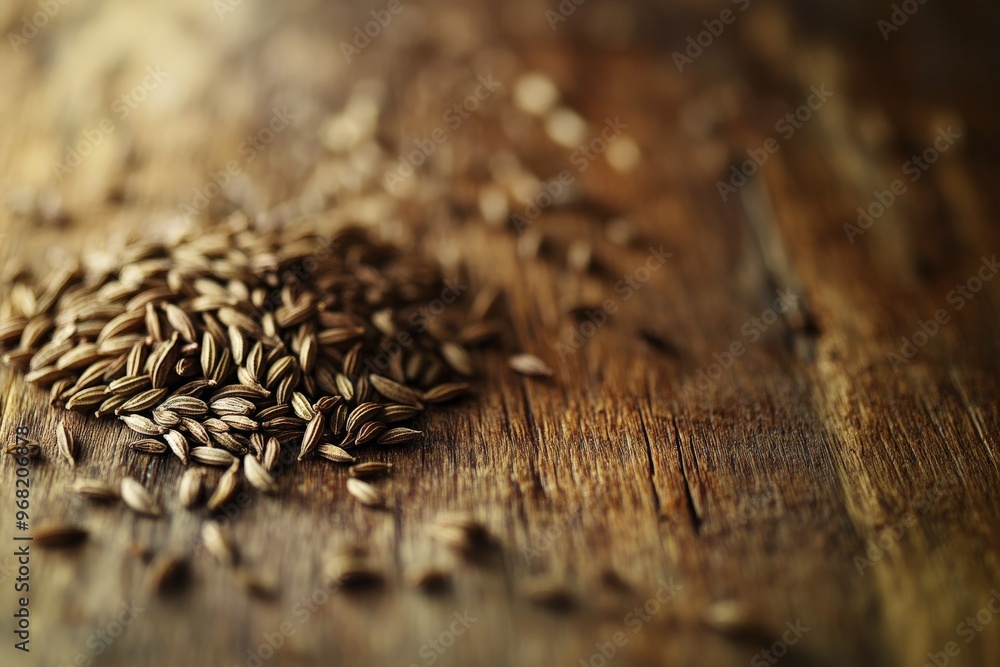 Poster an image capturing a heap of brown cumin seeds, highlighting the rustic texture and natural appearan