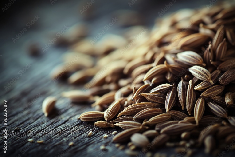Poster a striking image showing cumin seeds in sharp focus, set against a wooden backdrop, emphasizing the 