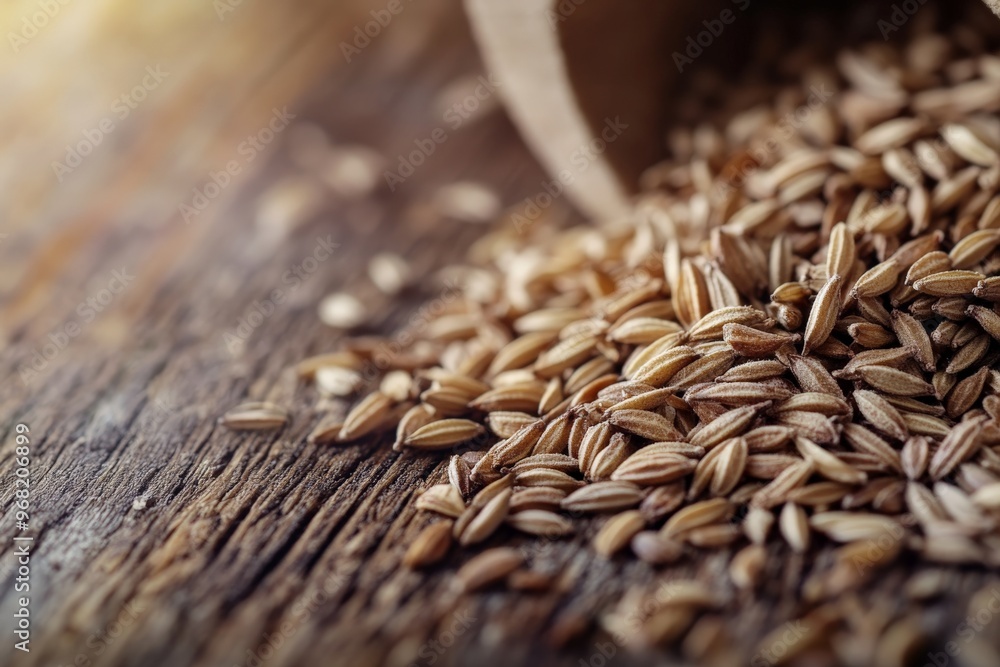 Aufkleber A visually appealing image of cumin seeds spilling out from a container onto a rustic wooden surface, highlighting the contrast between the seeds and the wood texture.