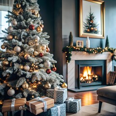 A modern Christmas living room with a beautifully decorated tree presents underneath, and a cozy fireplace in the background.