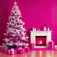 A modern Christmas living room with a beautifully decorated tree presents underneath, and a cozy fireplace in the background.