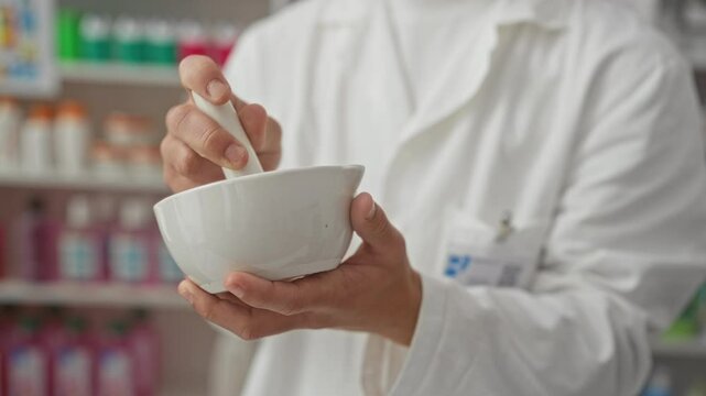 A young man in a pharmacy expertly mixing substances in a white ceramic bowl with shelves of colorful products in the background.