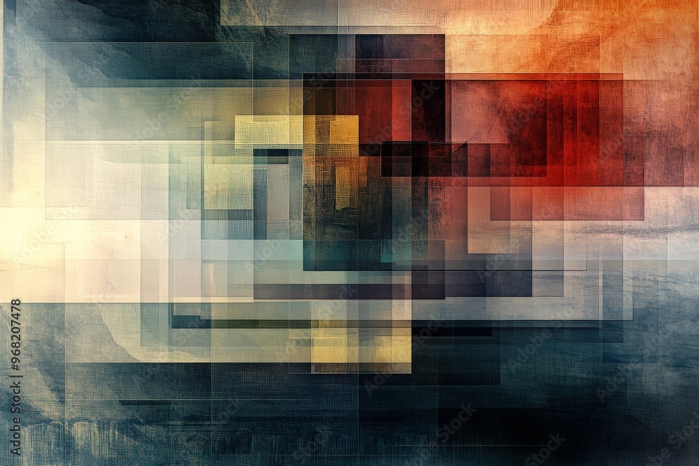 Leinwandbilder This abstract art piece features overlapping rectangles in a range of colors and shades, creating a complex and engaging visual interplay that captures attention.