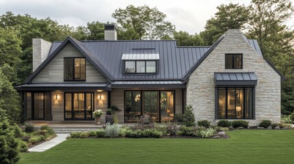 modern farmhouse design, charming modern farmhouse with metal roof and black window frames, combining contemporary and traditional styles