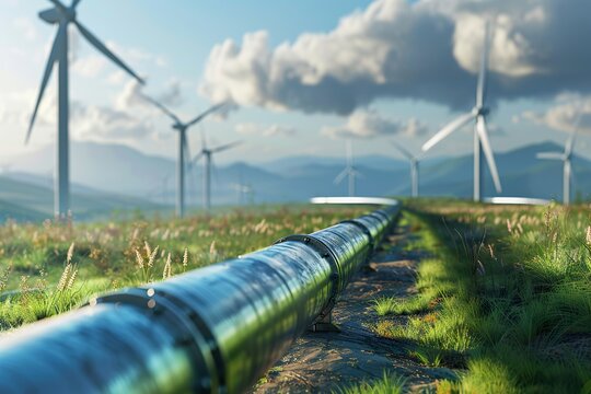 A long pipeline with many wind turbines along it,