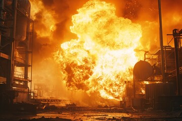 Fototapeta premium A fierce explosion with a massive fireball engulfing an industrial facility at night, highlighting the intense and uncontrollable nature of industrial fires.