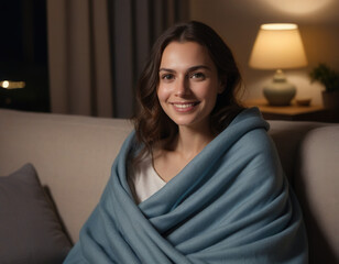 Cozy and Inviting: A Woman Wrapped in a Blanket Smiling at the Camera in Soft, Warm Lighting