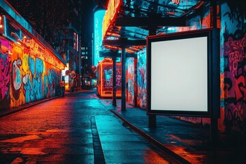 Fototapeta premium Empty Billboard in a Neon Lit City Street at Night