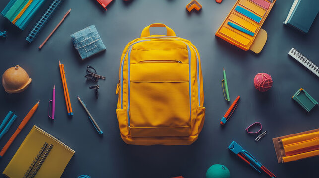 "Back-to-school banner design with a yellow backpack, colorful school supplies, and a school bus on a grey background."