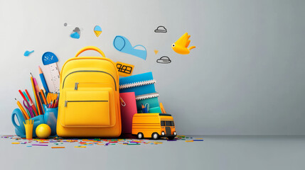 "Back-to-school banner design with a yellow backpack, colorful school supplies, and a school bus on a grey background."