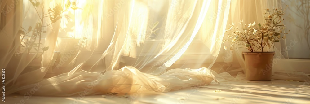 Poster serene indoor environment illuminated by gentle sunlight and a soft breeze filtering through sheer c