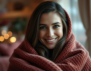 Cozy and Inviting: A Woman Wrapped in a Blanket Smiling at the Camera in Soft, Warm Lighting