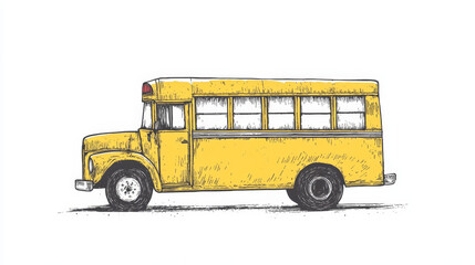 "Mock-up of a yellow school bus in a hand-drawn style on a white background. This modern doodle illustration is perfect for trendy posters, banners, social media, and websites, and serves as a vector 
