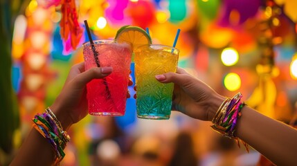 Obraz premium Colorful Cocktails in Hands at Festive Party with Bokeh Lights