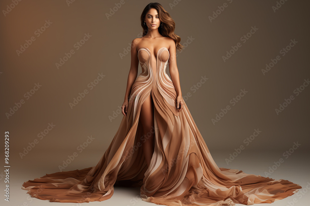 Wall mural beautiful latin women in chocolate color luxury wavy dress, beige background