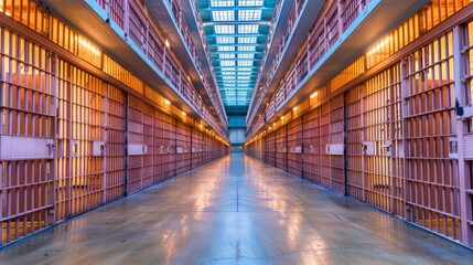 Prison corridor featuring rows of cells and barred doors under bright ceiling lights