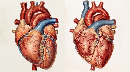 Anatomical illustration of the human heart from two angles showing major arteries and structures.