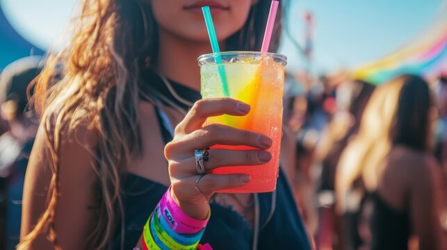 Woman Holding Colorful Drink at Summer Festival