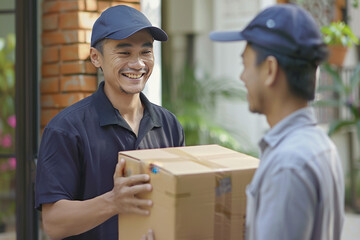 Man, courier and home for giving package, ecommerce or delivery with smile, customer experience or outdoor. Logistics service, shipping and guy with gratitude, happy and receiving box at house door