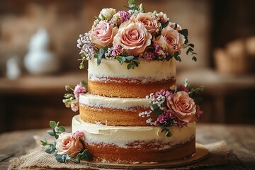 A rustic three-tiered wedding cake adorned with fresh flowers on a wooden table.