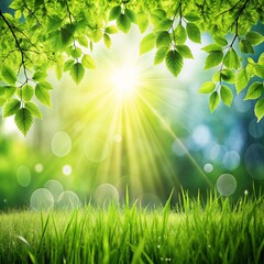  Spring summer nature background with grass, trees branch with green leaves and sun rays with bokeh

