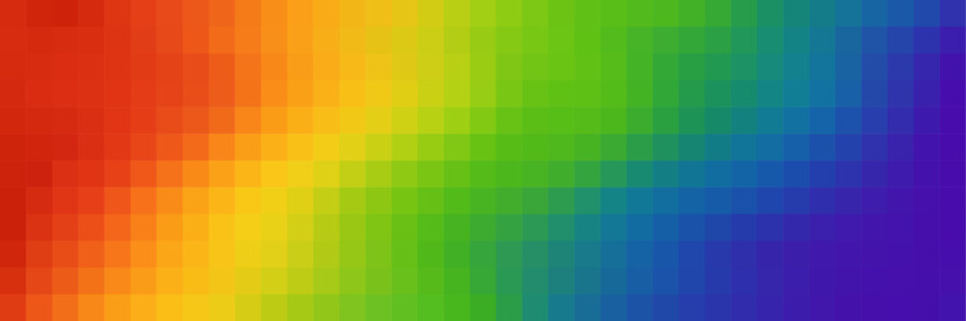 Colorful gradient background, rainbow spectrum pixel mosaic combination of vibrant blue, green, red, orange, yellow.