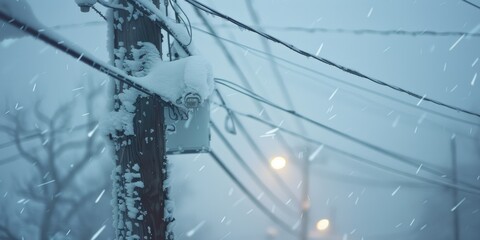 Snow covered utility pole and wires during a blizzard