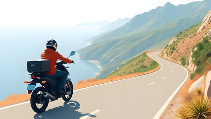 Obraz premium A motorcyclist savors a scenic ride along a winding coastal road