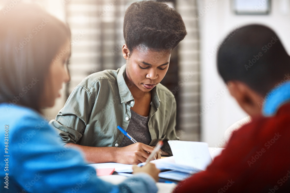 Aufkleber education, study group and writing with people in library of college or university for future develo