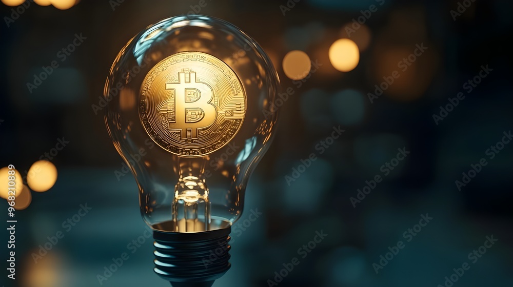 Poster light bulb shining with engraved bitcoin image